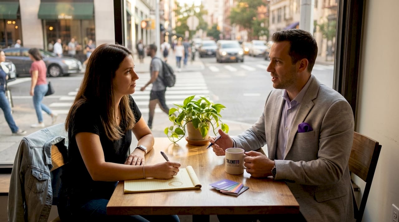 Casual office informational interview with two professionals