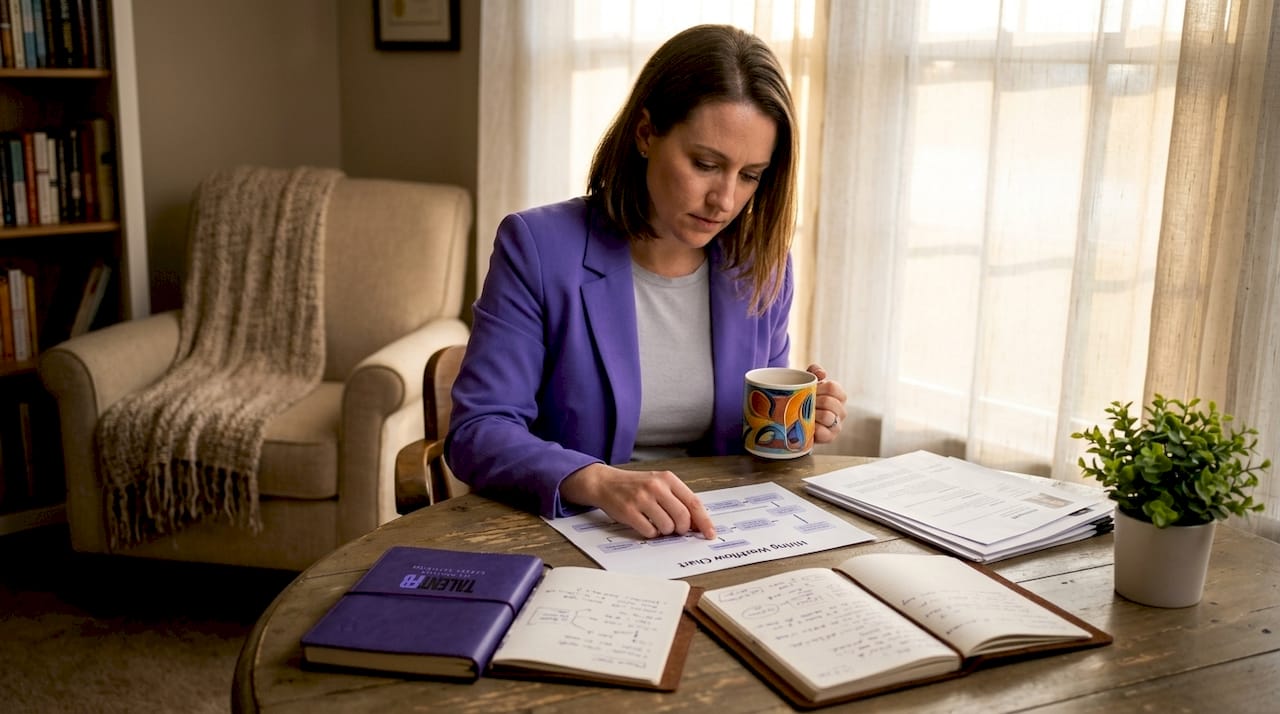 HR leader reviews workflow materials in corner office
