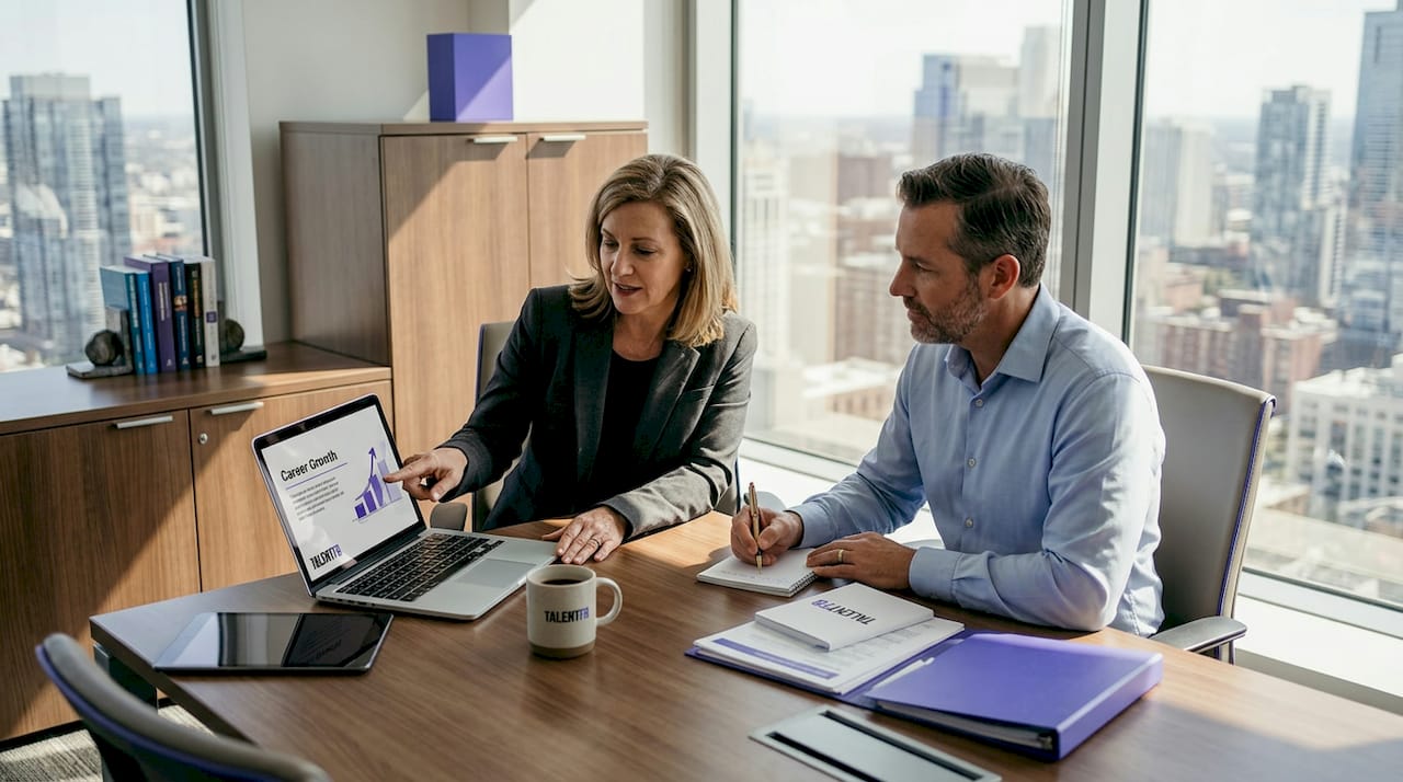 Professionals discussing career plan in office