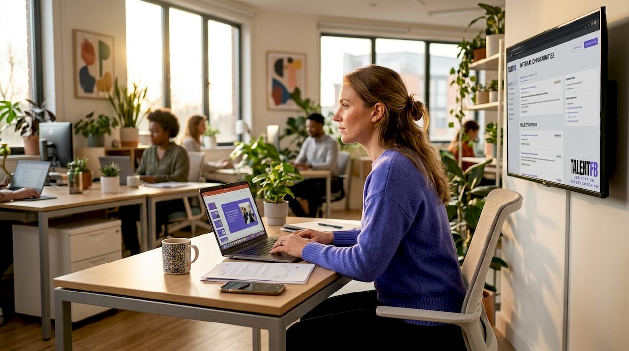 Professional reviewing internal job opportunities in office