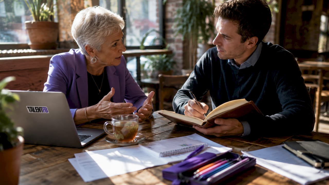 Senior woman mentoring younger man in office