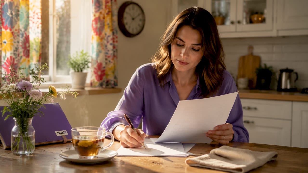 Woman reviewing career plan documents at desk