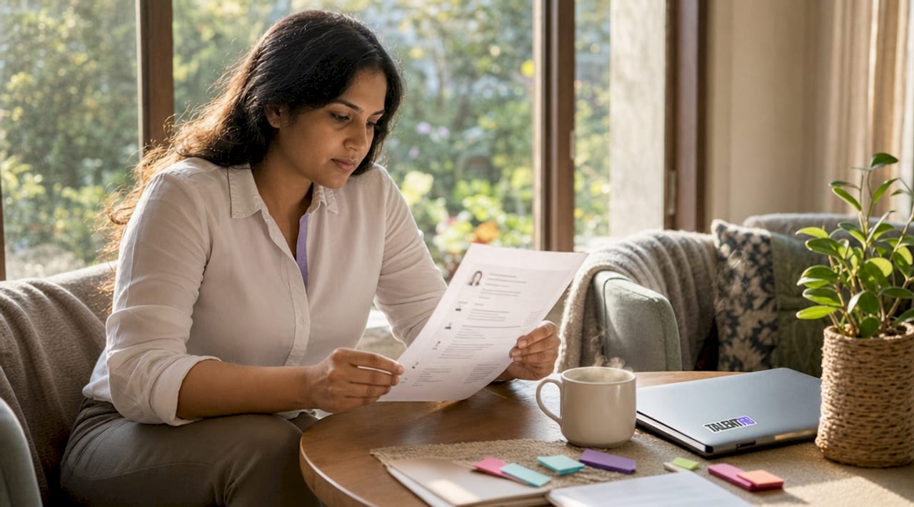 Professional woman reviewing a LinkedIn profile printout