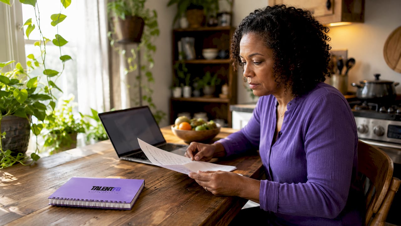 Professional woman reviewing LinkedIn profile at desk