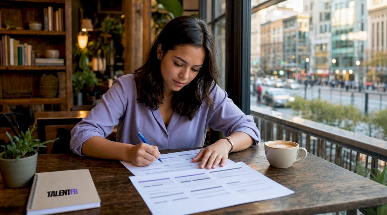 Young professional reviewing printed resumes