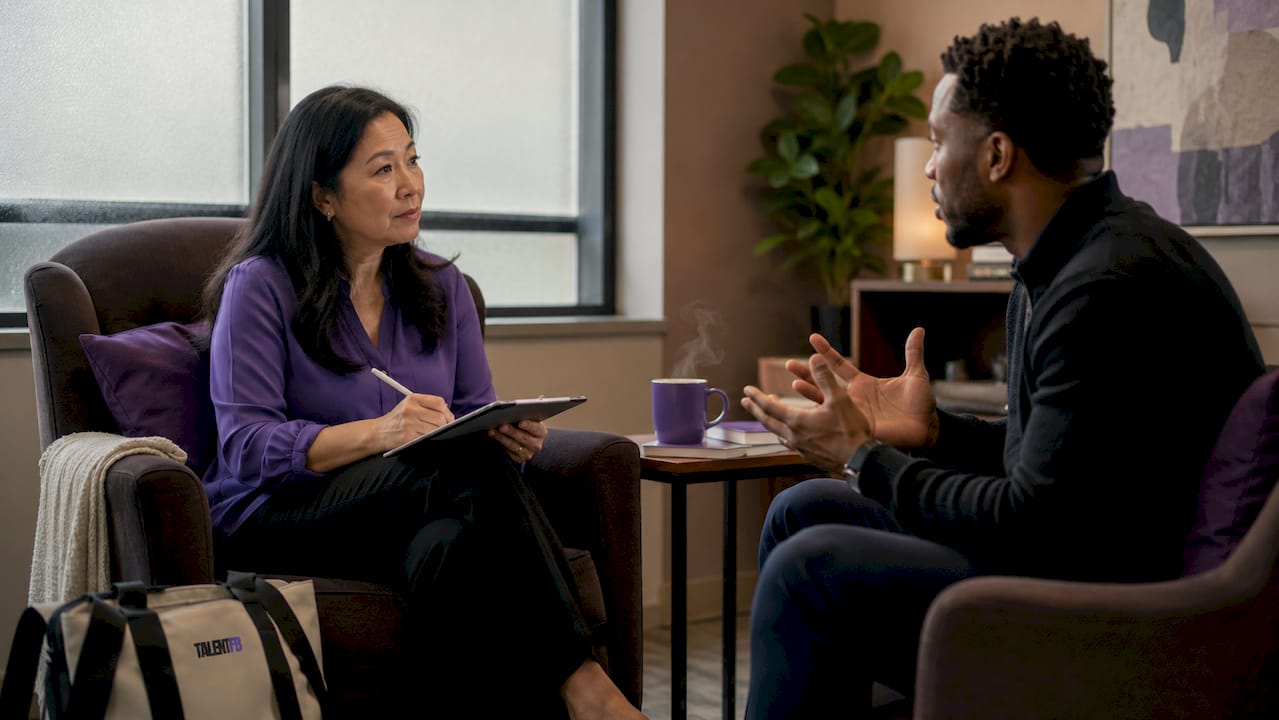 Coach and client engaged in session discussion