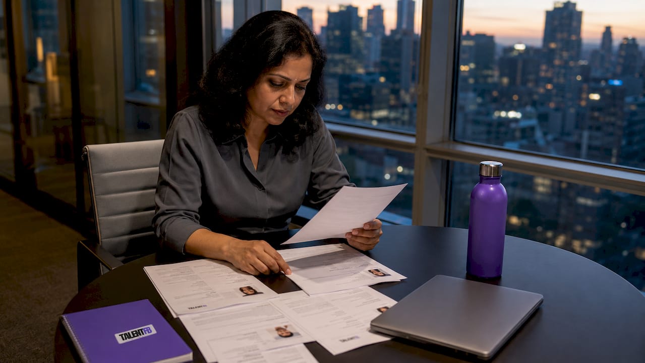 Executive woman reviewing printed resume at desk