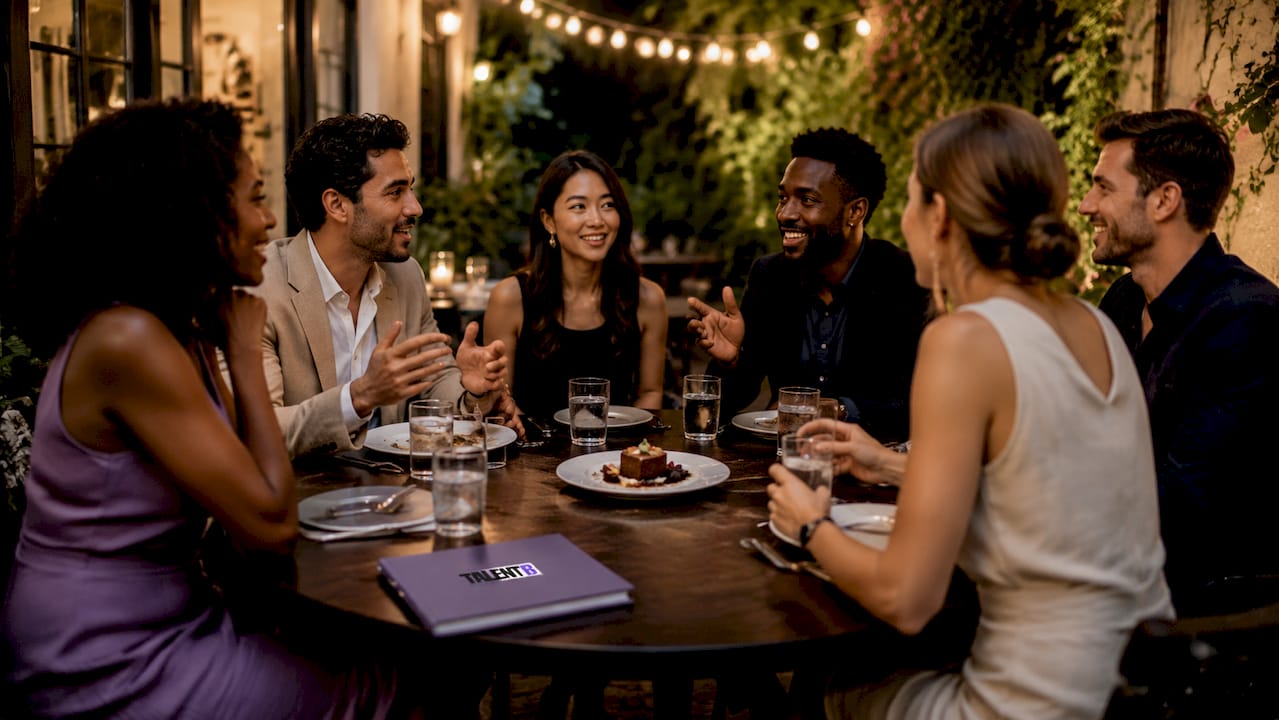 Group around table networking during dinner