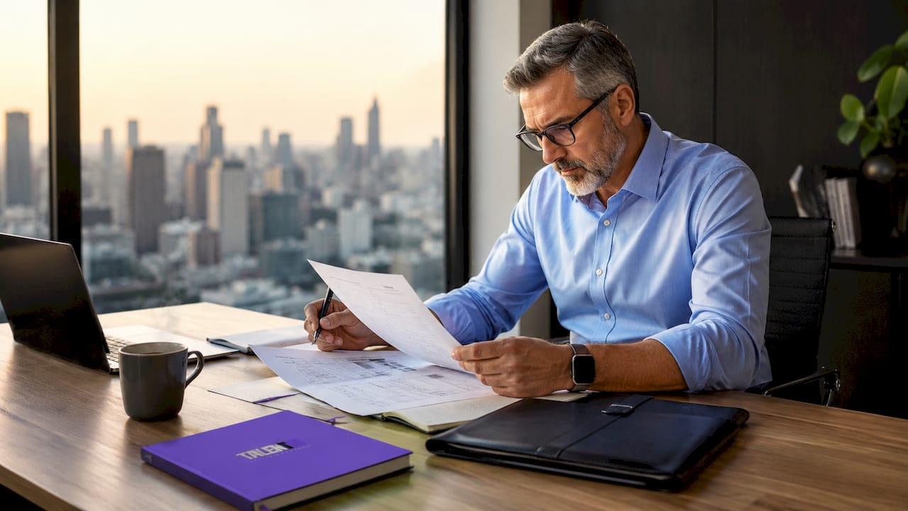 Senior leader reviewing reports in office