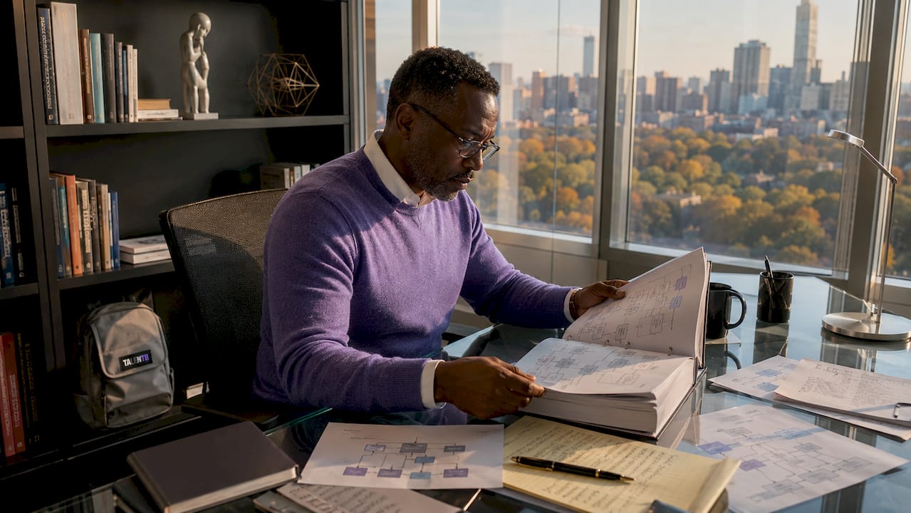Man reviewing executive hierarchy documents