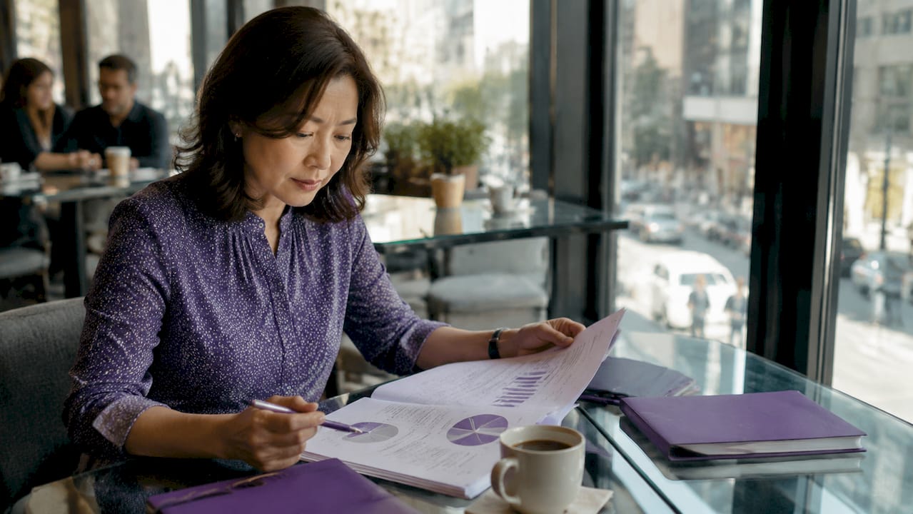 Asian businesswoman reviewing leadership assessment report