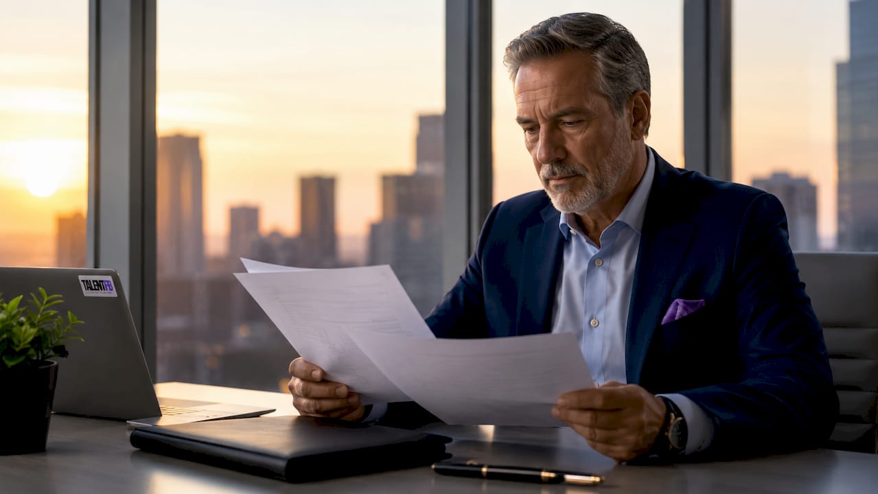 Executive reviewing printed CV documents at desk