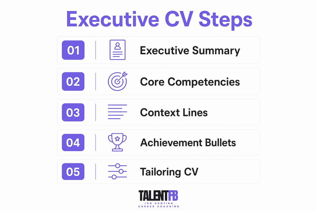 Infographic showing executive CV writing key steps