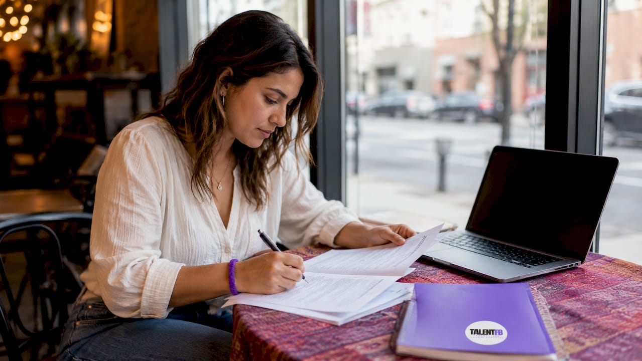 Employee reviewing onboarding documents at desk