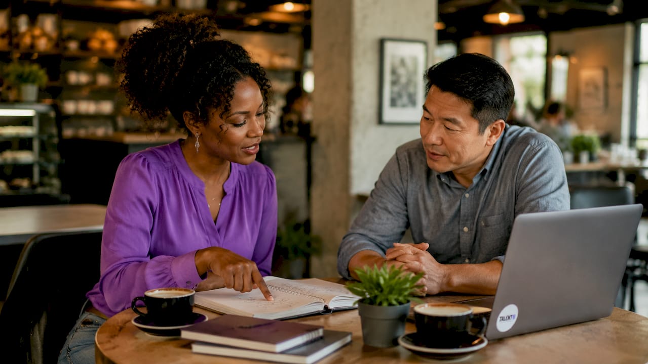 Two colleagues discussing skills gap at table