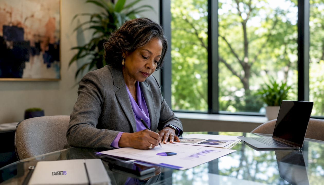 Senior executive reviewing impact reports in meeting
