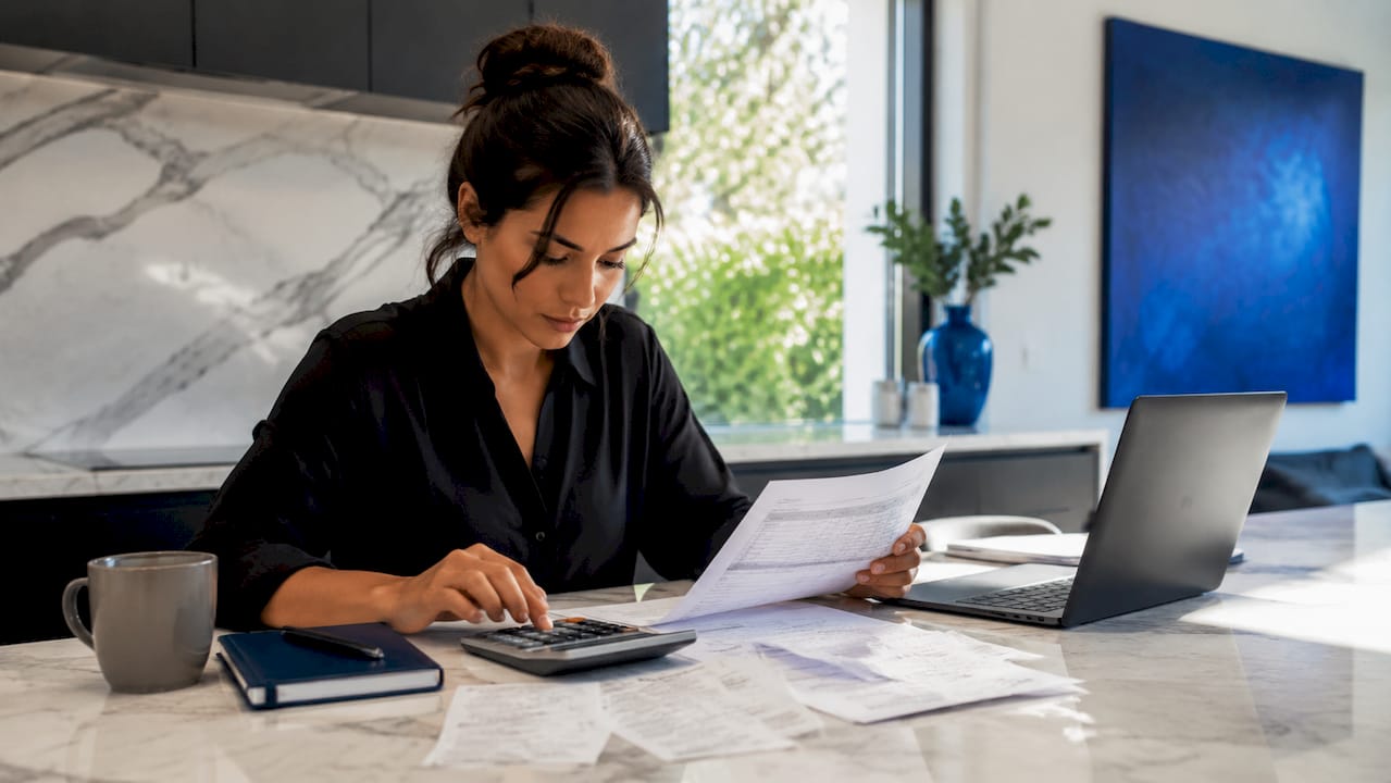 Hands using calculator with property bills and receipts
