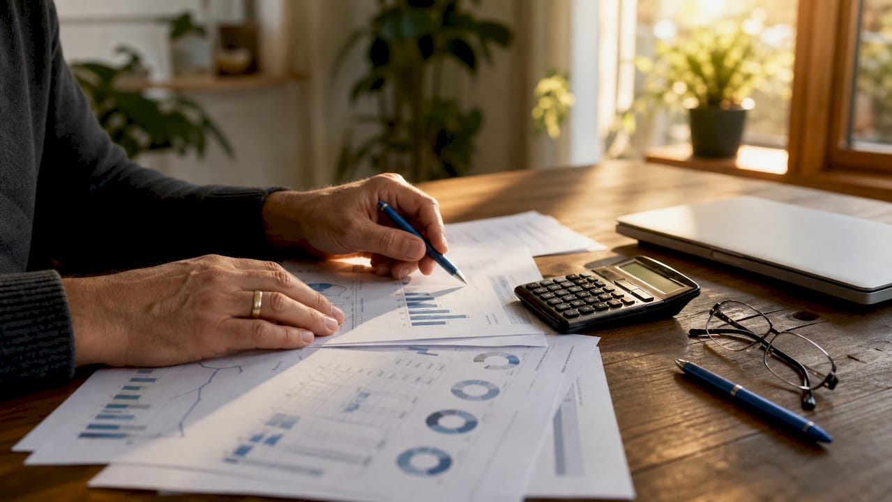Close-up of hands calculating portfolio figures on documents