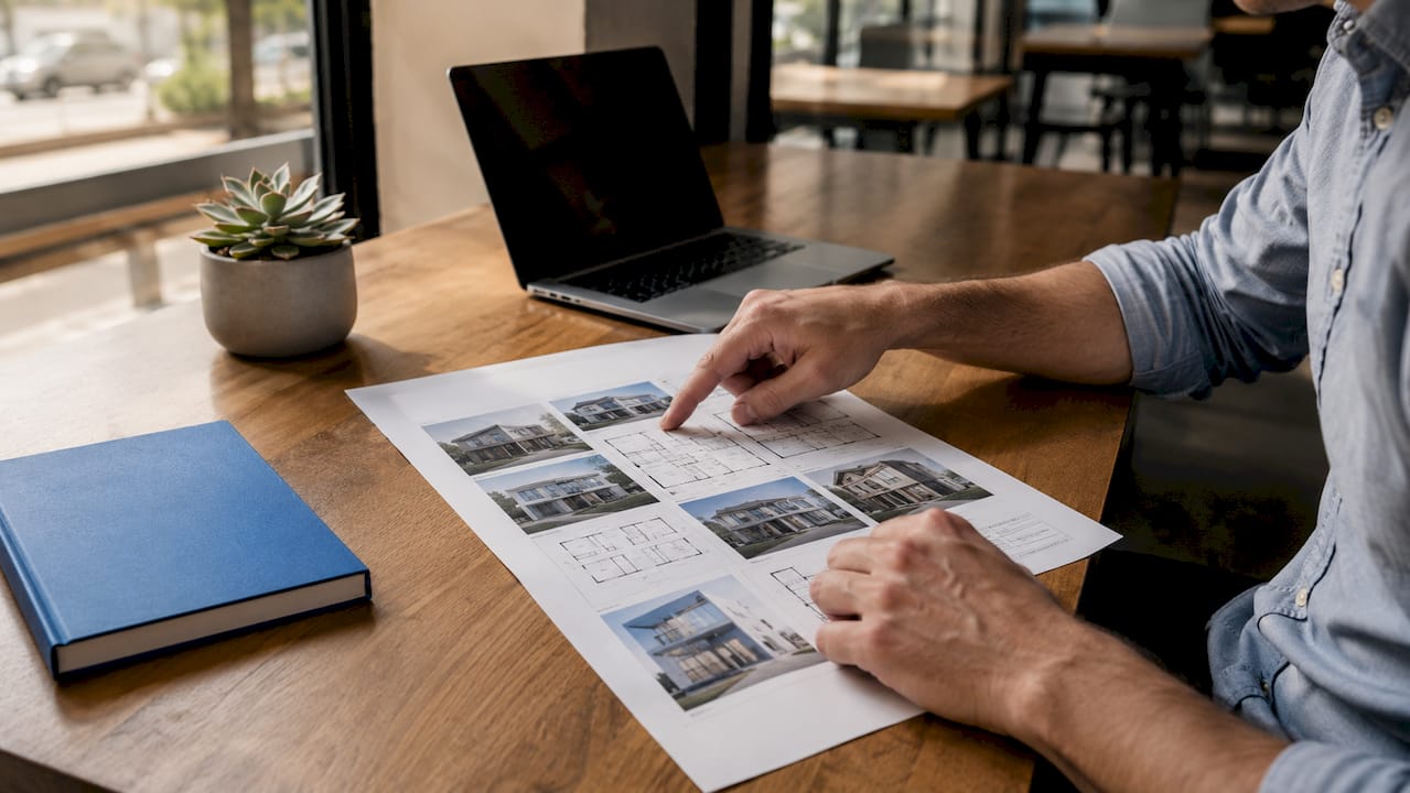Hands pointing at property investment strategy plans