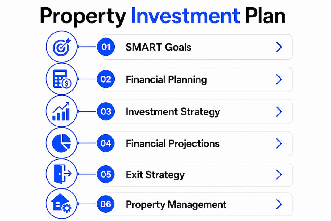 Infographic showing six components of property investment plan