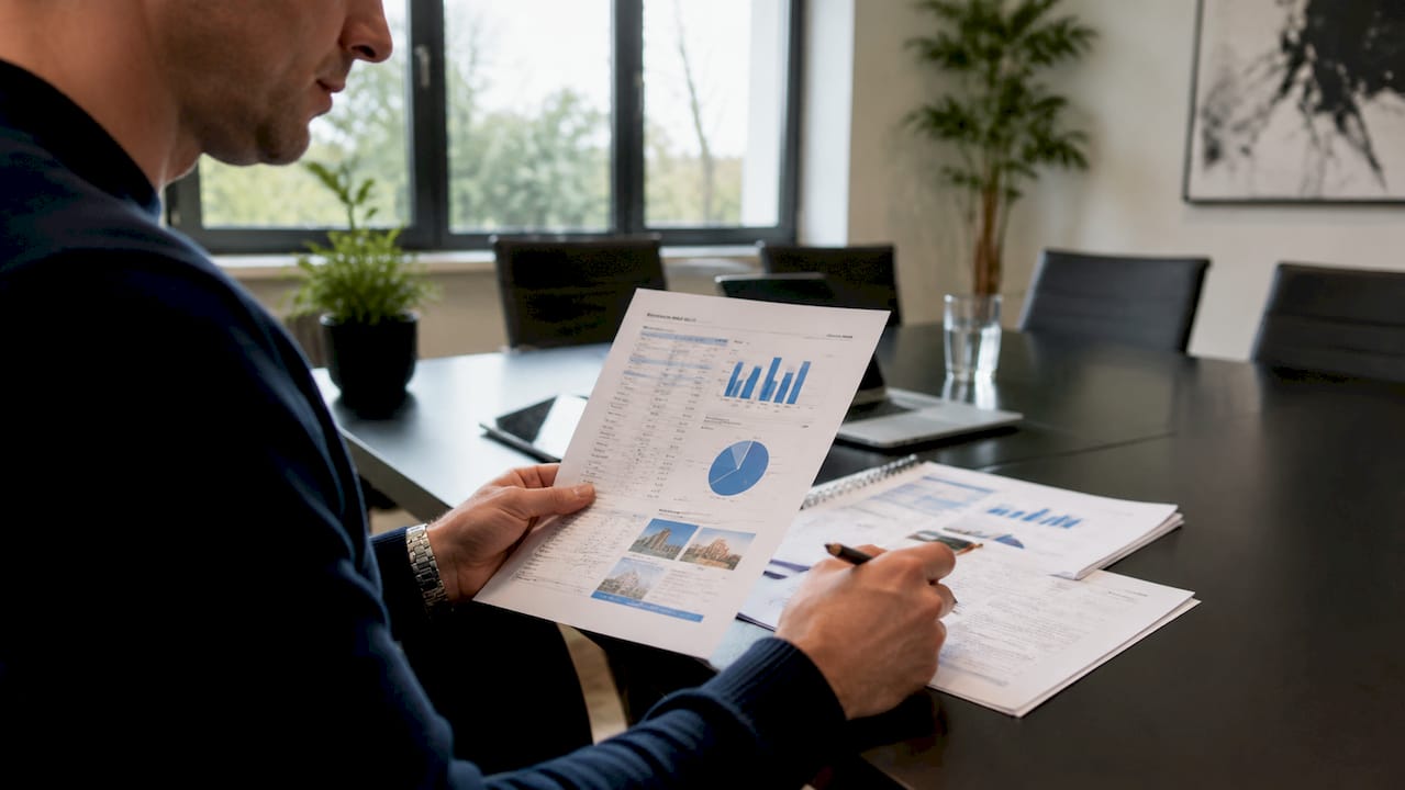 Valuer examining property valuation report and charts