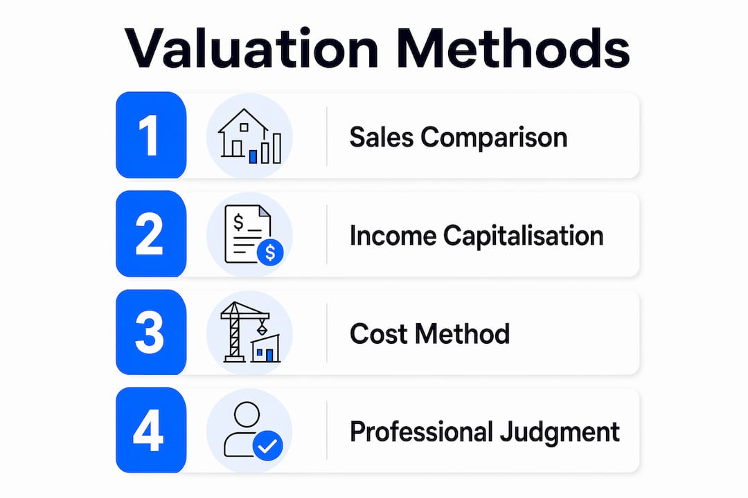 Infographic illustrating main property valuation methods in vertical flow