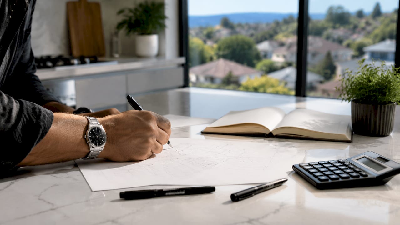 Hand drafting property report template overhead view