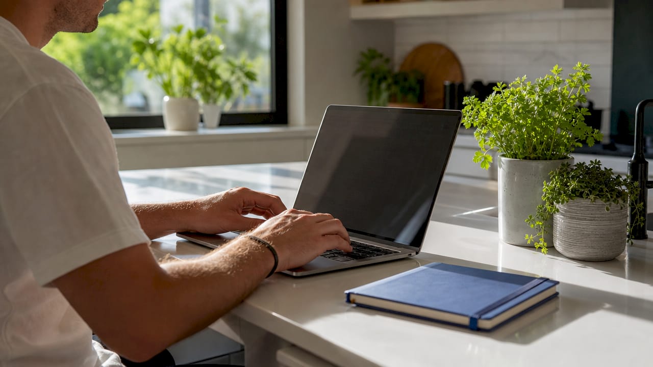 Hands typing on laptop doing financial modelling