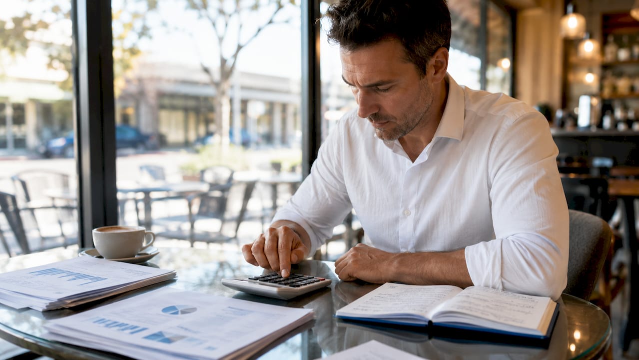 Hands using calculator with financial papers