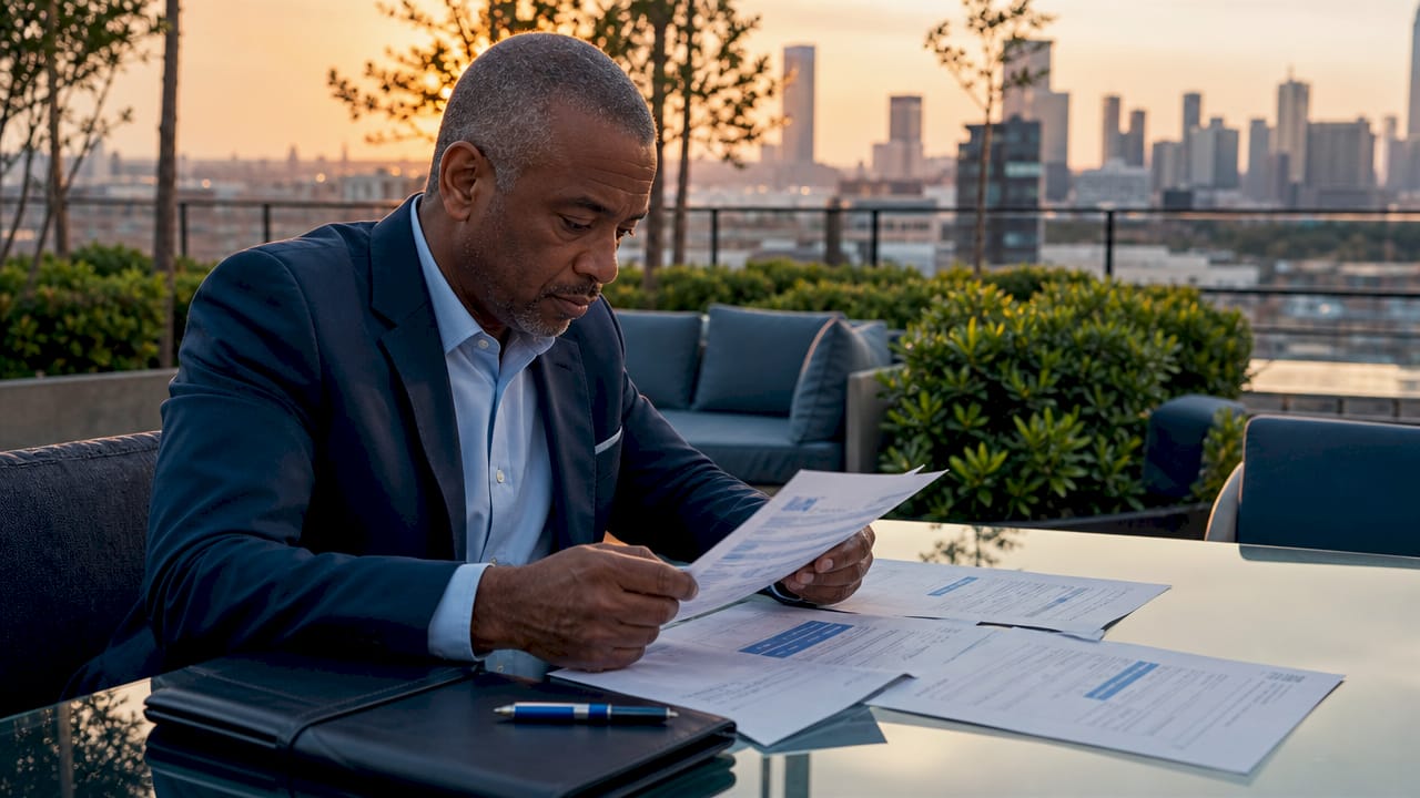 Investor analyzing property documents and mortgage