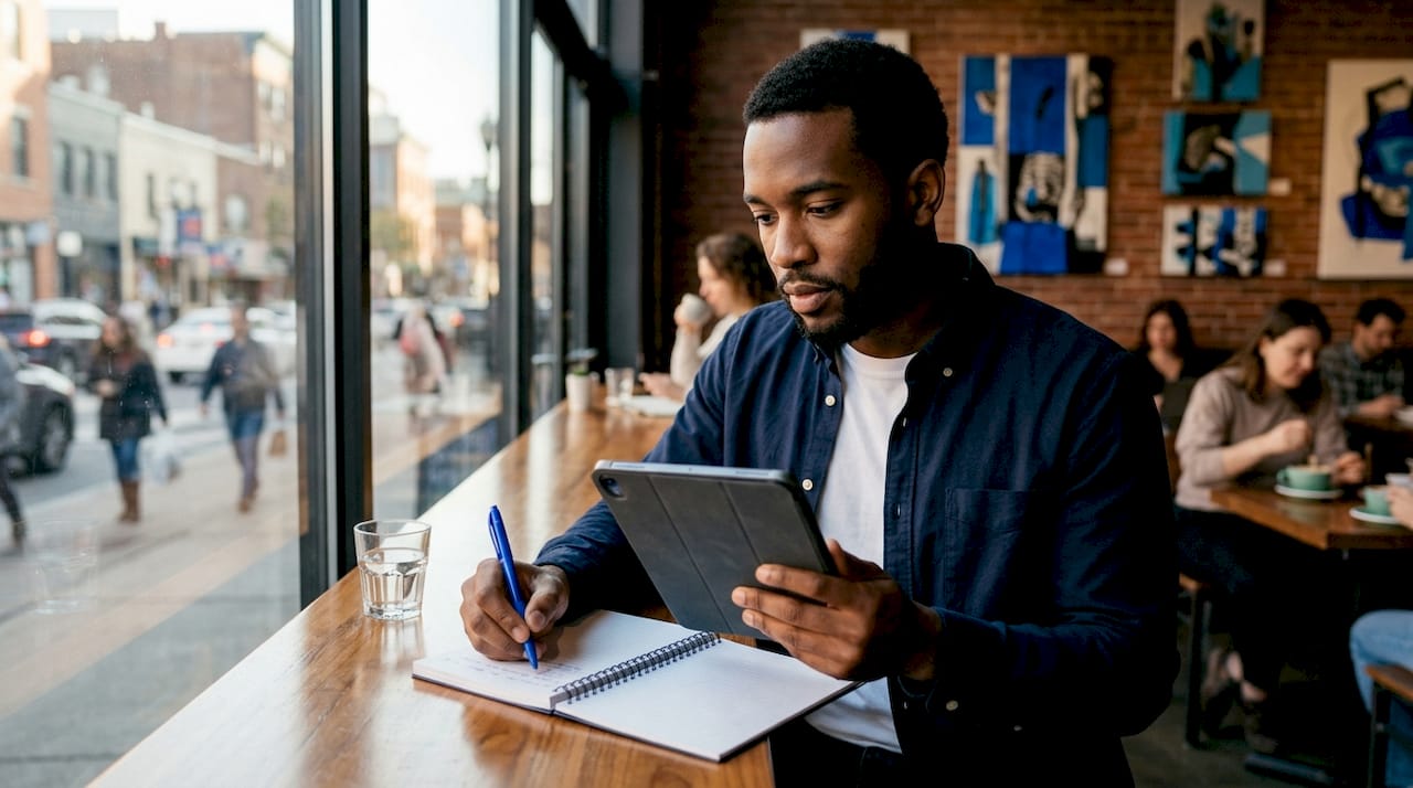 Investor reviewing usable equity details in co-working space