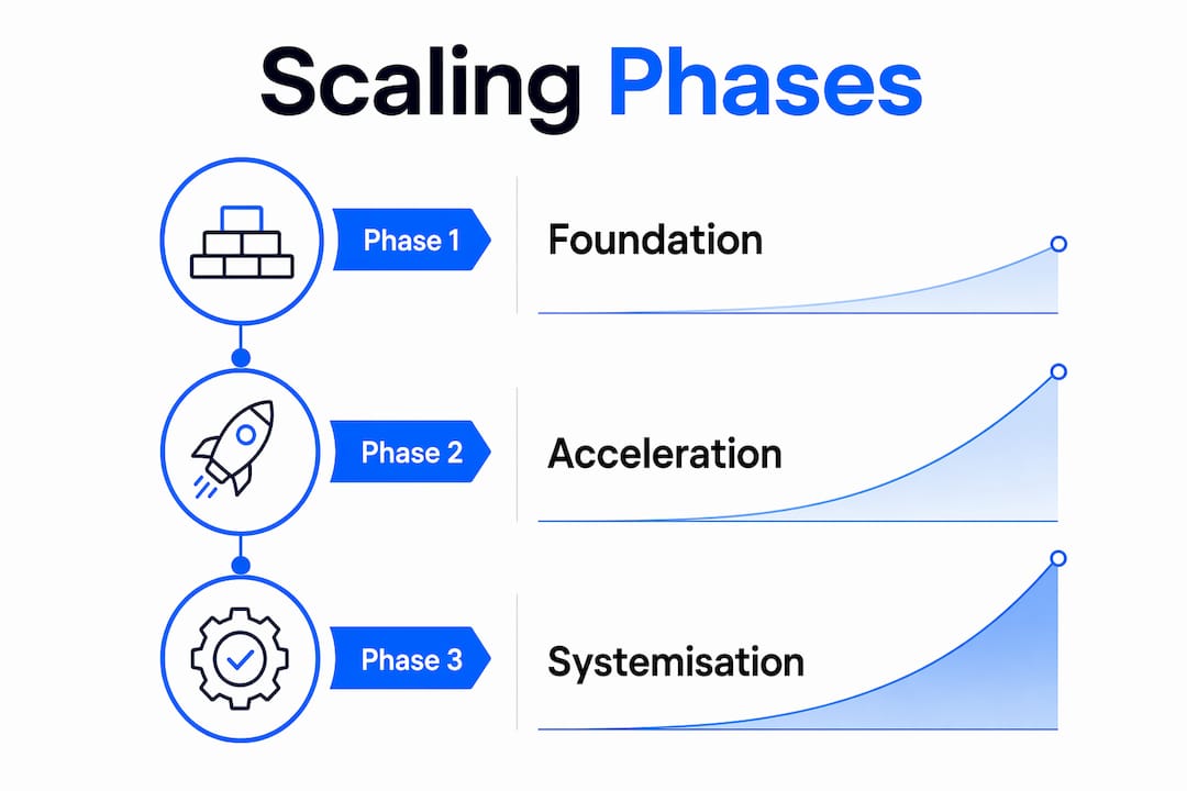 Infographic illustrating three phases of rental property scaling