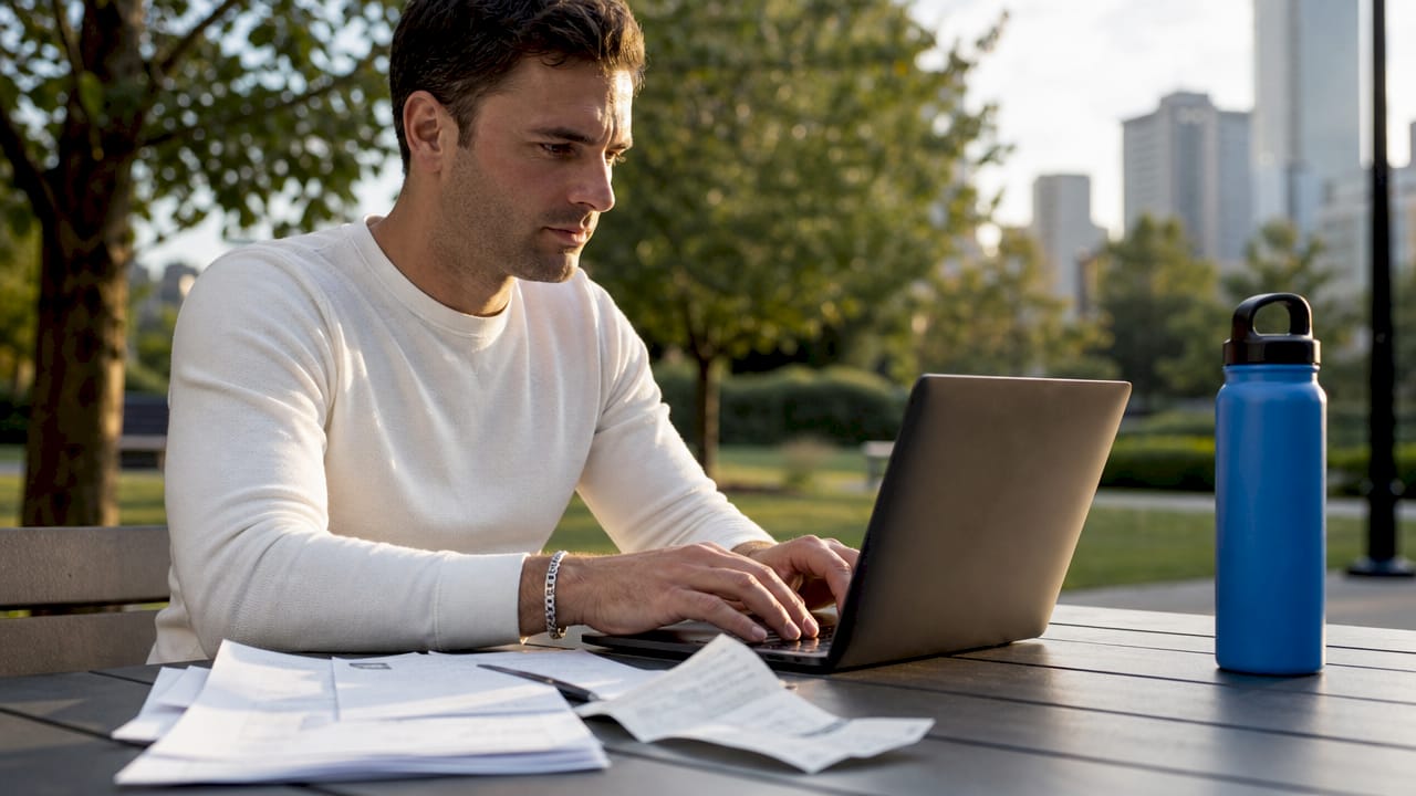 Hands typing laptop and financial documents on desk
