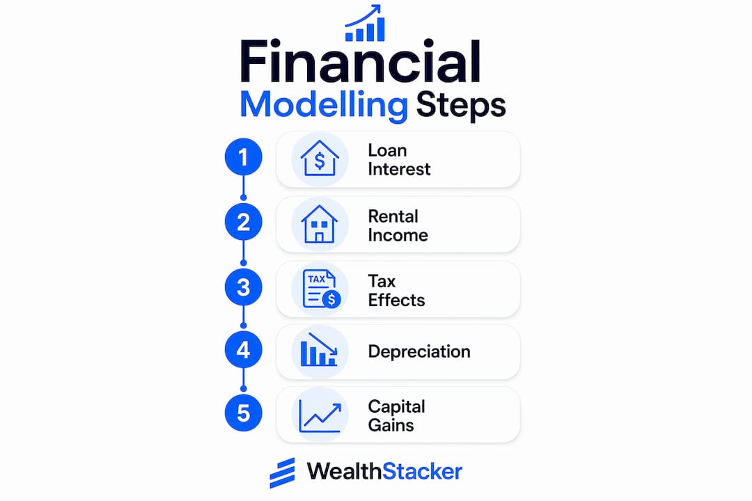 Infographic showing financial modelling steps with key components