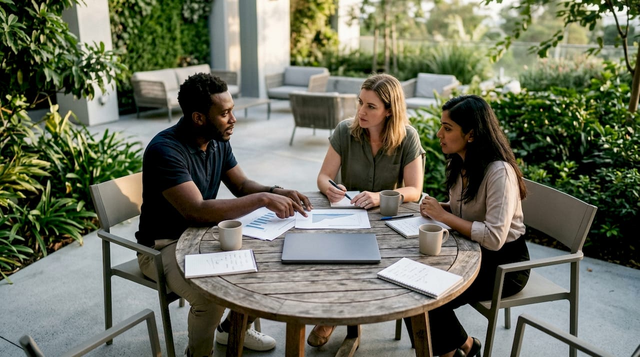 Team discussing AI valuation tools in meeting room