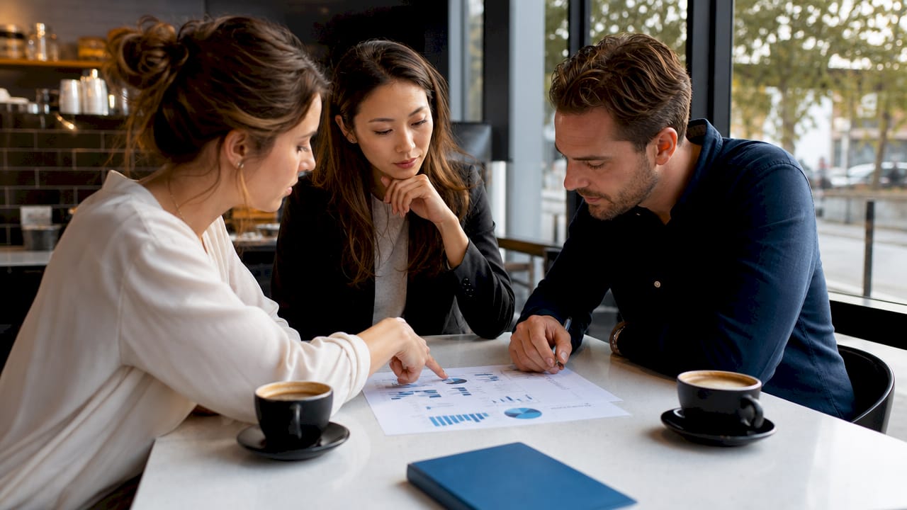 Hands holding financial metrics sheet on conference table