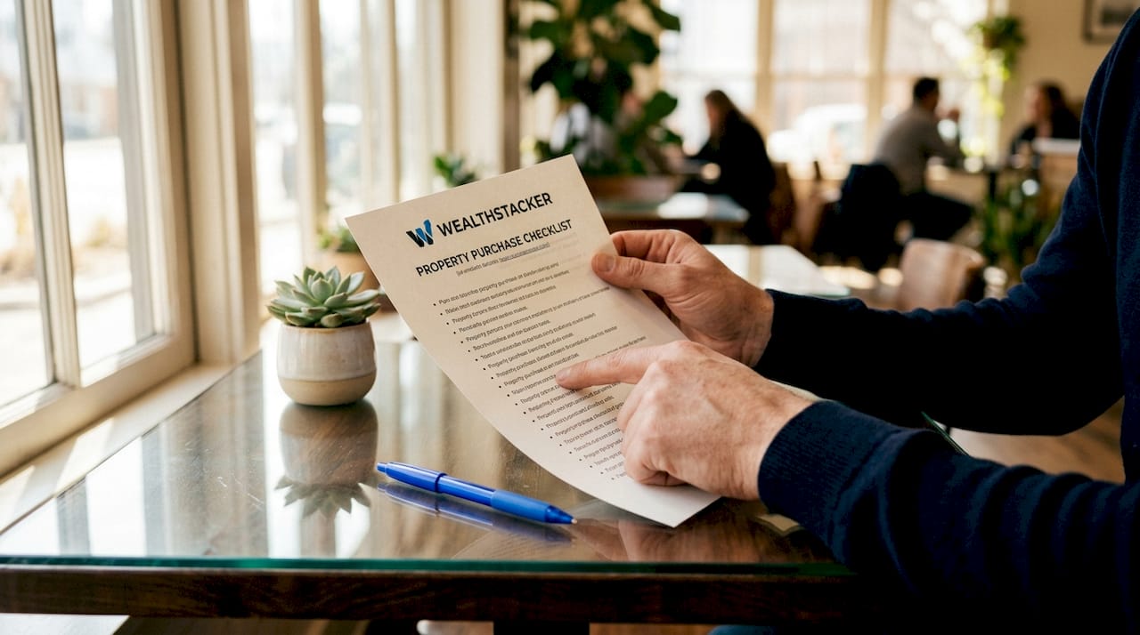 Hands reviewing property purchase timeline checklist