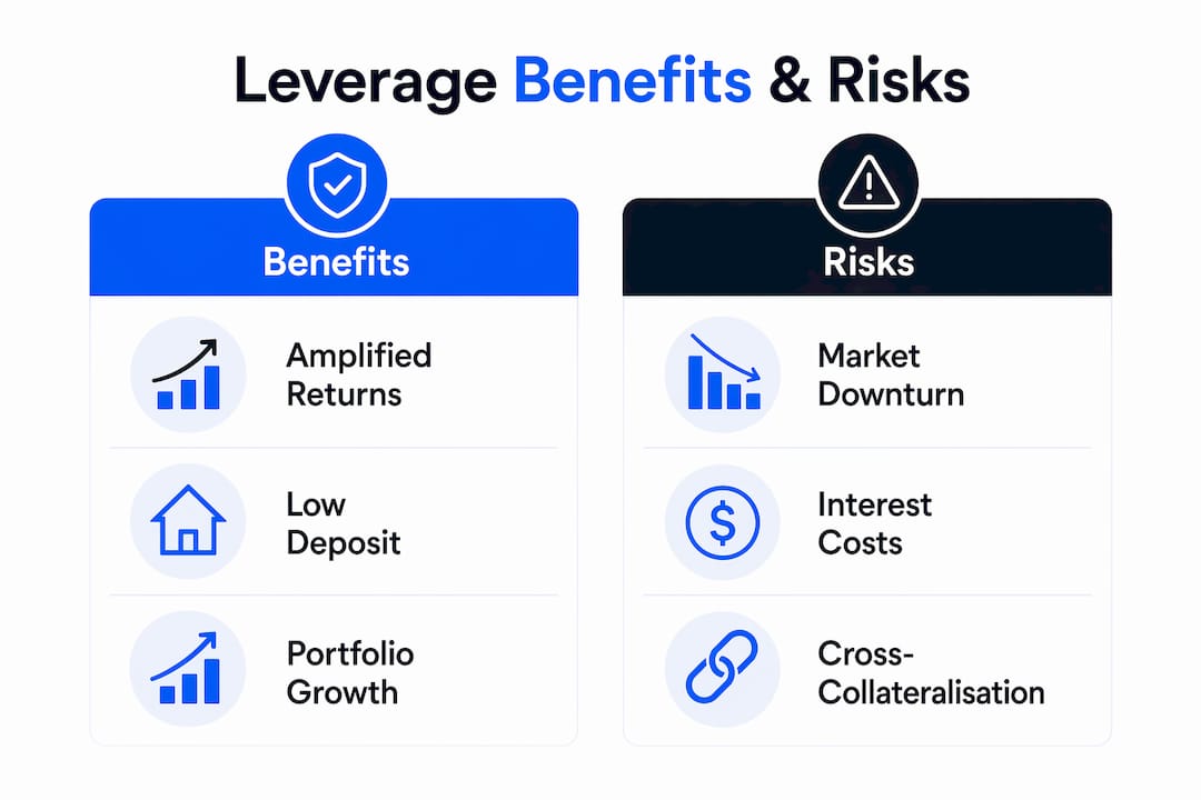 Infographic comparing benefits and risks of leverage