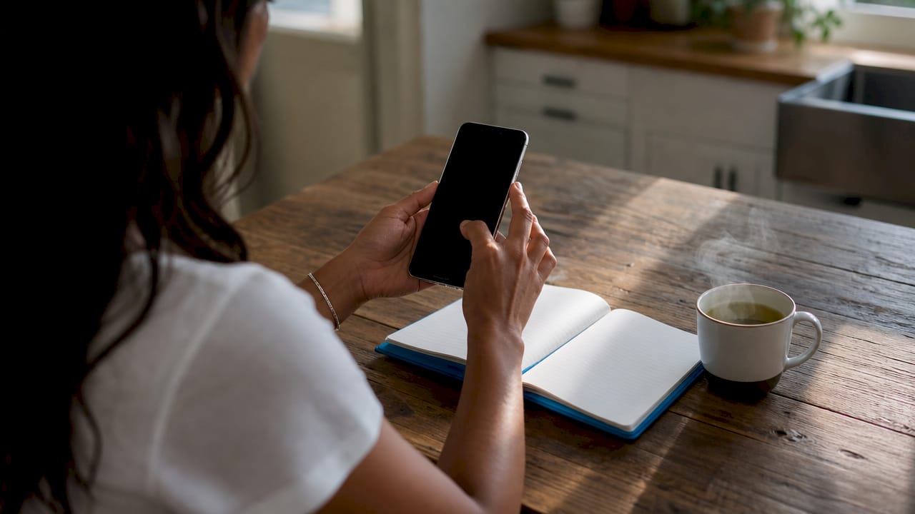 Hands scrolling finances for rentvesting lifestyle