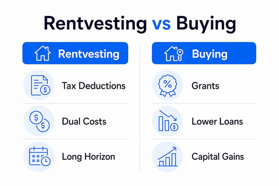 Infographic comparing rentvesting and buying financial factors