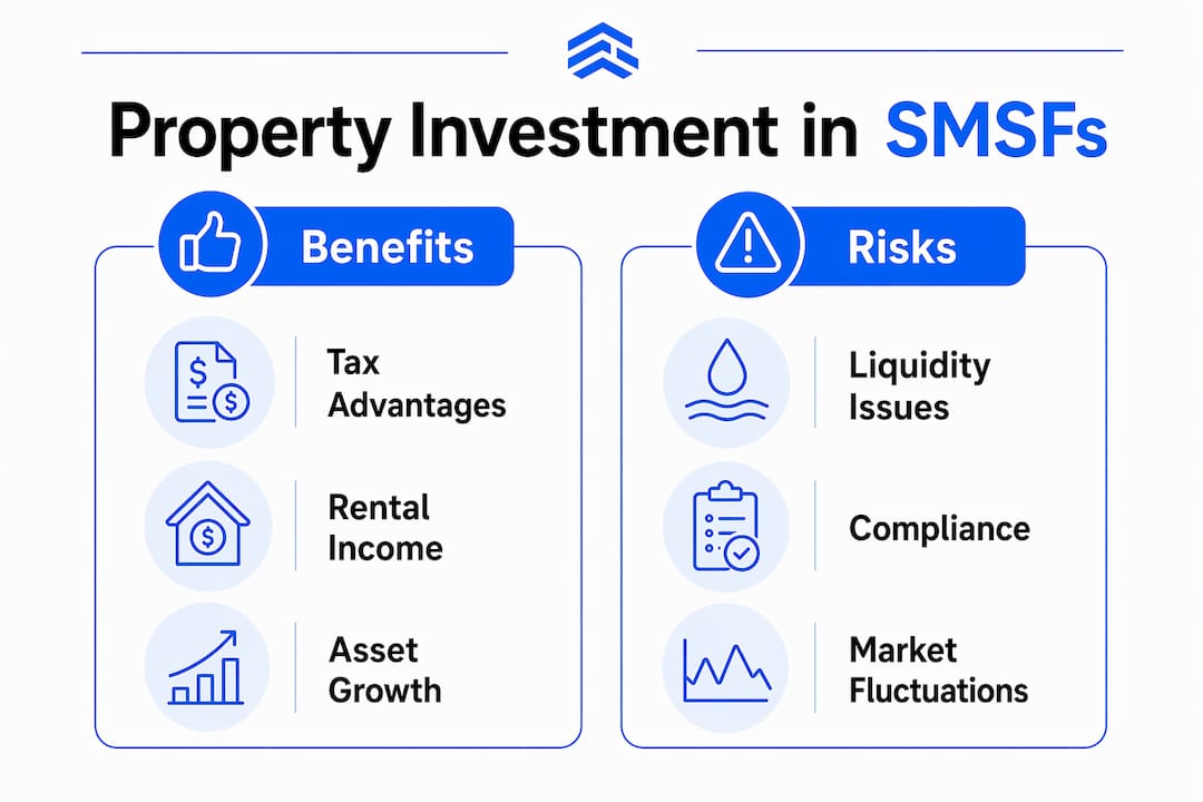 Infographic showing benefits and risks of property investment in SMSFs