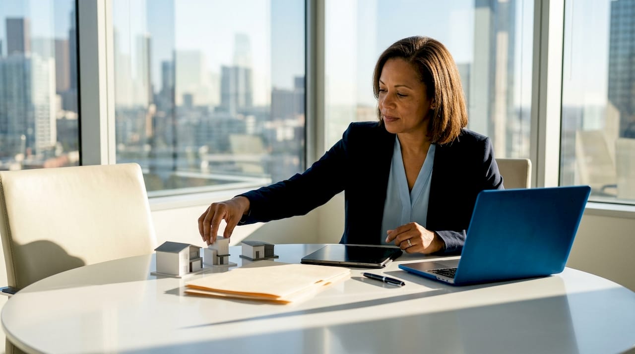 Hands arranging property models in office