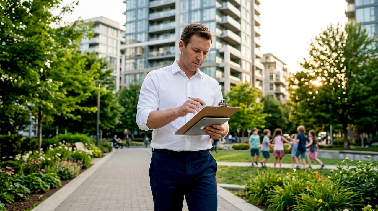 Appraiser inspecting property outdoors with tablet and clipboard