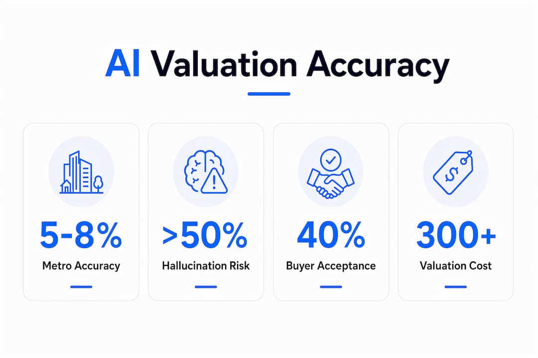 Infographic showing AI valuation accuracy metrics and limitations