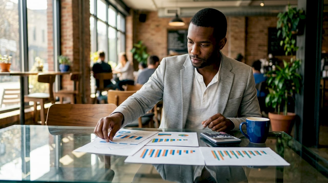 Hands arranging diversified investment charts on table