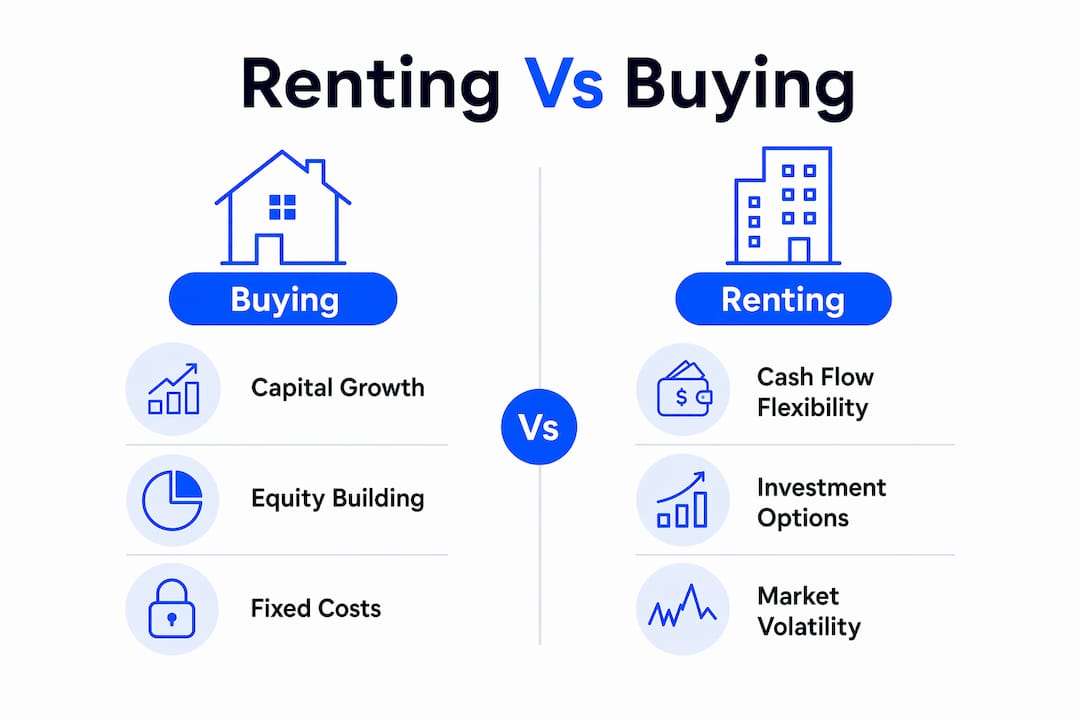 Infographic comparing renting and buying wealth factors