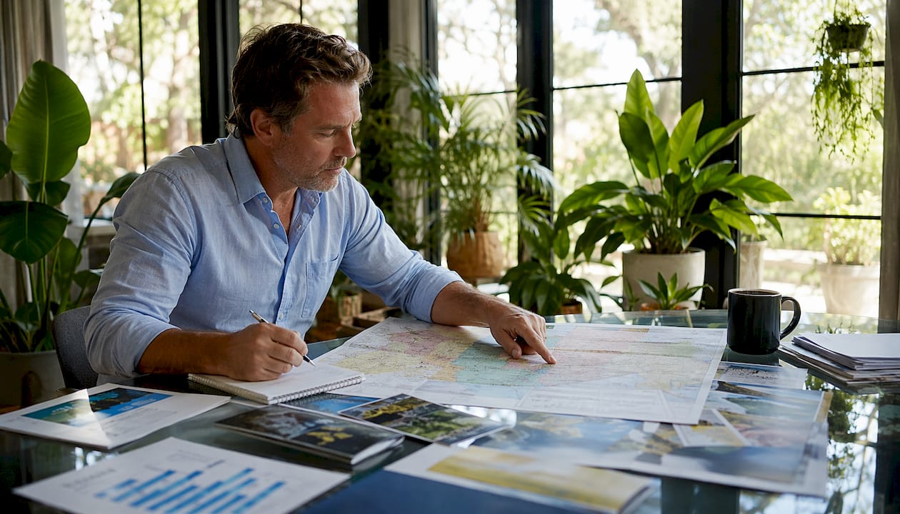 Overhead view of man planning property investment strategies on map