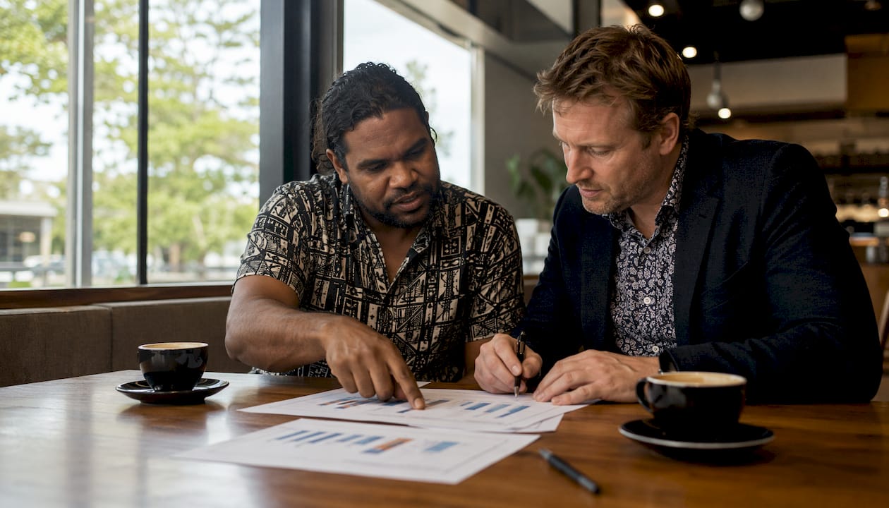 Two men researching Australian property market data