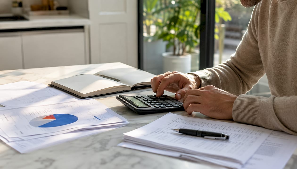 Hands using calculator and ledger for trust accounting
