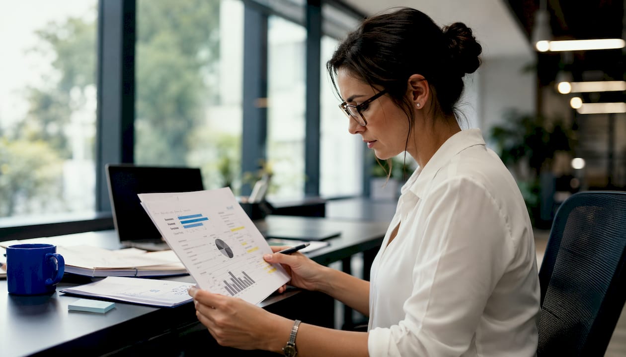 Compliance officer reviewing reports at desk